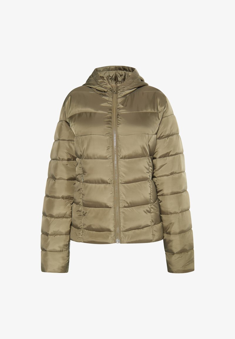 Olivovo zelená teplá bunda s kapucňou, prešívaná textúra, plný zips na prednej strane a dlhé rukávy. Mäkká, lesklá tkanina s rebrovanými akcentmi.