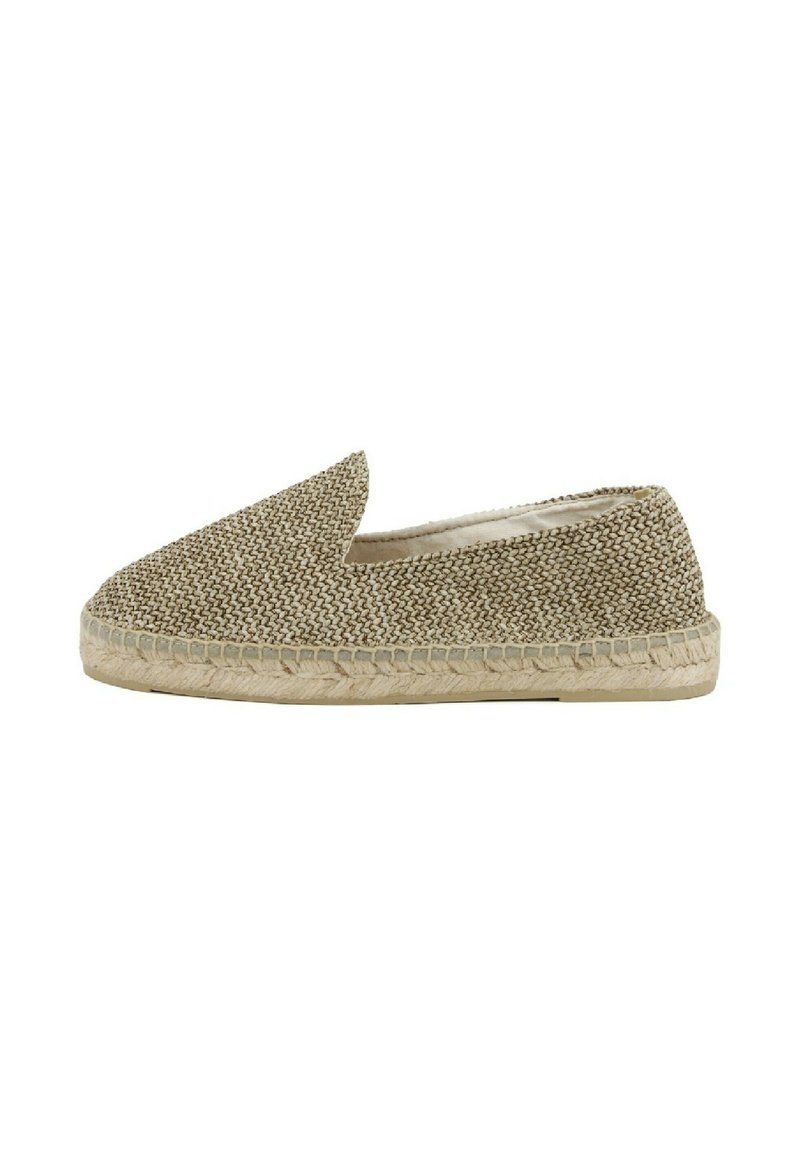 Scarpa espadrilla in tessuto intrecciato beige con punta affilata, suola in juta naturale e elastico laterale per una vestibilità perfetta. Design semplice e piatto.
