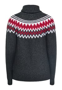 Sweter dzianinowy w ciemnoszarym kolorze, z wysokim kołnierzem i wzorzystą karczką w czerwono-biało-szarym zygzaku. Miękka tekstura, ściągacze przy rękawach.