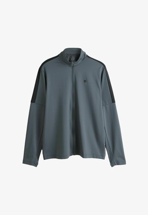 Hall hall lukuga jope mustade õlaprintside, pikkade varrukatega ning vasaku rinna kohal väikese ruudukujulise logoga.