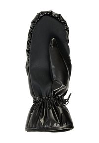 Zwarte waterdichte wanten met een gerimpelde pols, een strakke oppervlakte structuur en een aparte compartiment voor de duim. Duurzaam materiaal.