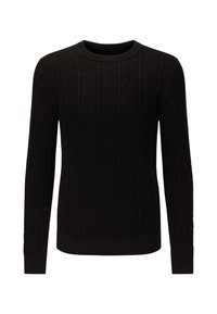 Schwarzer Strickpullover mit langen Ärmeln, versehen mit einem strukturierten Muster und gerippten Bündchen. Rundhalsausschnitt und mittlere Dicke.