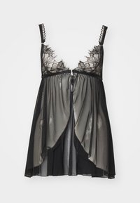Nuisette noire transparente avec des détails en dentelle florale sur le corsage, des bretelles ajustables et une coupe fluide qui s'ouvre à l'avant.