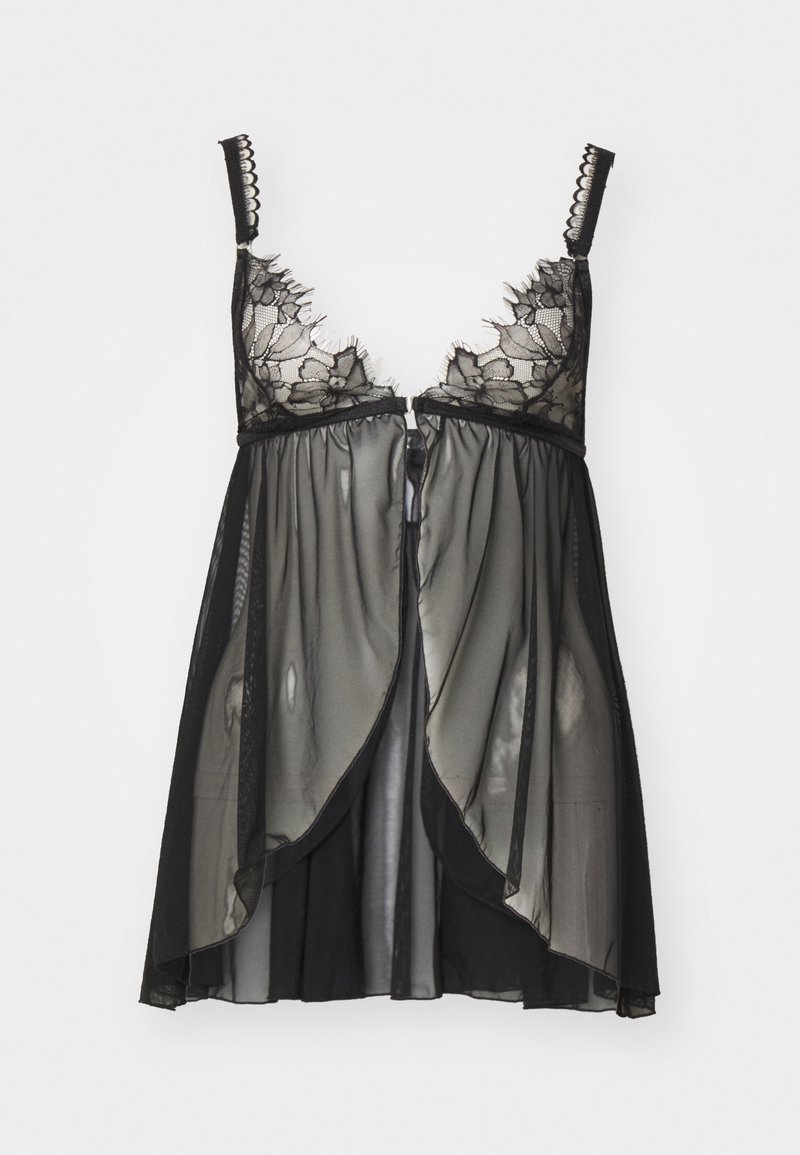 Camisón negro transparente con detalles de encaje floral en el busto, tirantes ajustables y un corte fluido que se abre en el frente.