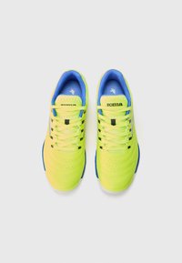 Limegrønne sneakers med blå accenter, har perforert tekstur, flate lisser og svart merkevare på tungen og siden.