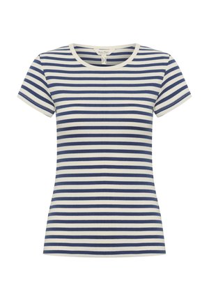 Camiseta de manga corta a rayas azules y blancas, hecha de algodón acanalado, con escote redondo y diseño ajustado.