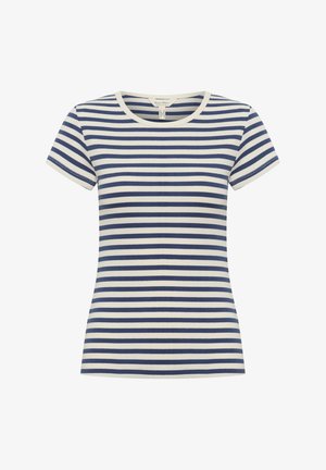 Pasiasta koszulka w kolorze granatowym i kremowym, z krótkimi rękawami, okrągłym dekoltem, wykonana z miękkiego materiału o dopasowanym kroju i kontrastowych paskach.