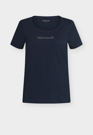 Mørkeblå T-shirt med korte ærmer lavet af blød bomuld. Har rund hals og en lille logo i sølvnitter tværs over brystet.