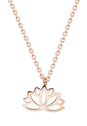 Halskette aus Roségold mit einem Lotusblütenanhänger im ausgeschnittenen Design und einer verlinkten Kette. Glatte Textur mit polierter Oberfläche.