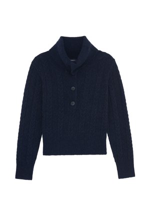 Suéter de punto con cable en azul marino, con cuello chal y dos botones delanteros, que presenta mangas largas y puños y dobladillo acanalados.