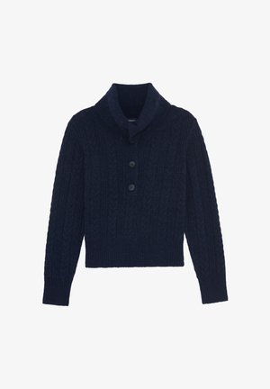 Suéter de punto con cable en azul marino, con cuello chal y dos botones delanteros, que presenta mangas largas y puños y dobladillo acanalados.