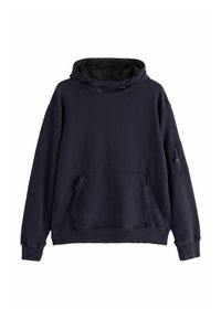 Tumesinist kapuutsiga dressipluus pehmest kangast, millel on esikäekott, reguleeritav paelaga kapuuts ja varrukal lukuga tasku.