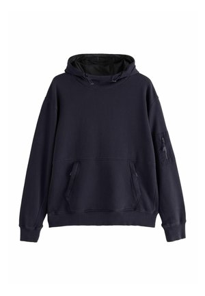 Tengerészkék kapucnis pulóver puha anyagból, elülső erszényzsebbel, állítható kötőszálas kapucnival és ujján cipzáras zsebbel.