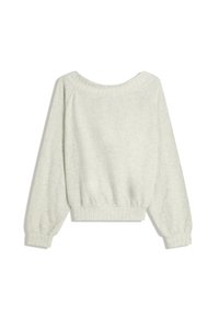 Lichtgrijze gebreide trui met een ruime ronde hals, ribgebreide manchetten en zoom. Heeft een ontspannen pasvorm en lange mouwen met raglan naden.