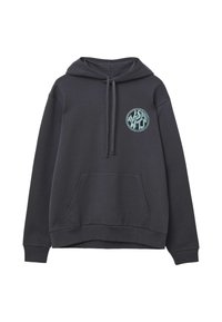 Felpa con cappuccio grigio scuro realizzata in tessuto misto cotone. Presenta una tasca frontale, un cappuccio con coulisse e un logo circolare turchese sul petto.