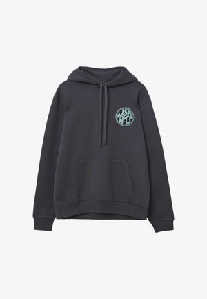 Donkergrijze hoodie gemaakt van katoenmixstof. Heeft een voorzak, capuchon met trekkoord en een ronde turquoise logo op de borst.