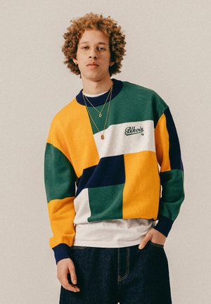 Ung person med krøllete hår som har på seg runde briller, lag-på-lag gullkjeder og en fargerik genser med blokkmønster i grønt, gult, marineblått og hvitt.