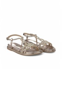 Metallische gouden sandalen met verstelbare enkelbandjes, versierd met een crisscross-design, en een platte zool. Voorzien van sprankelende accenten langs de bandjes.