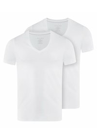 White v-neck t-shirts, short-sleeved, made of smooth fabric. Two-pack design with a classic fit and minimal branding.