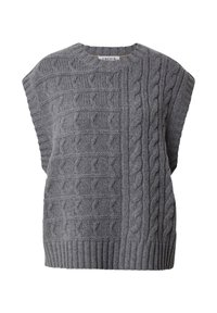Grijs gebreid sweater met kabelpatronen, een ronde halslijn en mouwloos ontwerp met geribde zoom. Zachte textuur en comfortabele pasvorm.