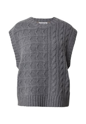 Pull en laine grise avec des motifs en relief, un col rond, et sans manches avec un ourlet côtelé. Texture douce et coupe décontractée.