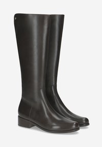 Braune Lederstiefel bis zum Knie mit glatter Oberfläche, abgerundeten Zehen, niedrigen Blockabsätzen und minimalen Nähdetails. Einfaches, elegantes Design.