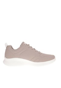 Scarpa sportiva leggera in beige chiaro con un design aerodinamico, accenti laterali texturizzati e una suola bianca flessibile. Chiusura con lacci e linguetta per il trasporto.