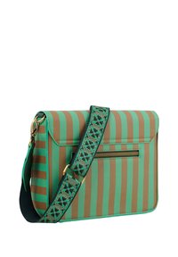 Brown and green striped shoulder bag with a flap, featuring an external zipper pocket and a patterned adjustable strap. Textured material.