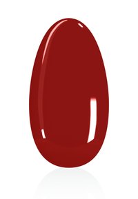 Glänzender, tiefroter Nagellack in ovaler Form mit glatter Textur. Die reflektierende Oberfläche verleiht ein glänzendes Aussehen.