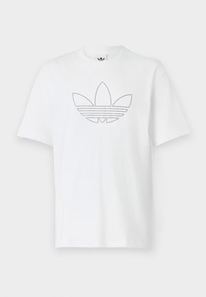 Camiseta branca de algodão com um contorno preto pontilhado de um logo trefoil na frente. Mangas curtas e decote redondo.