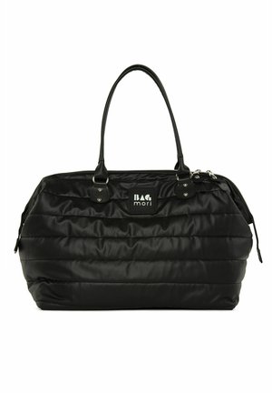 Black quilted nylon bag with dual handles, zip closure, and logo patch. Features padded texture with shiny accents.
