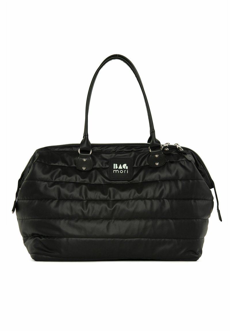 Black quilted nylon bag with dual handles, zip closure, and logo patch. Features padded texture with shiny accents.