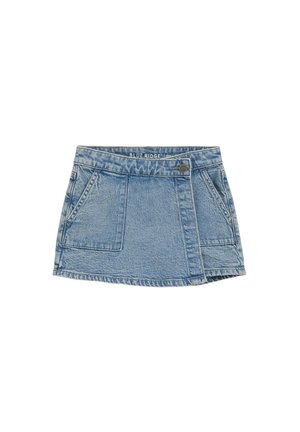 Jasnoniebieska mini spódnica dżinsowa z przednimi naszywanymi kieszeniami, nałożonym przednim panelem i zapięciem na guziki w pasie.
