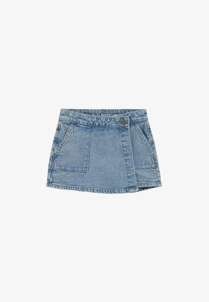 Svetlo modra mini krilo iz jeansa z žepi na sprednji strani, prekrižano sprednjo stranjo in zapiranjem na gumbe v pasu.