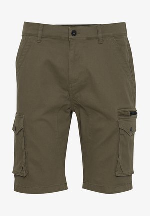 Oliivrohelised cargo lühikesed püksid mitme taskuga, lukutasku ja nööpidega sulgemine. Valmistatud vastupidavast kangast, millel on sujuv tekstuur.