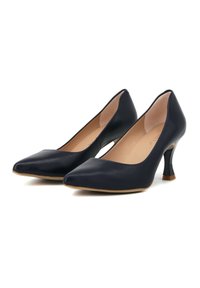 Décolleté in pelle blu navy con tacco alto, dalla punta affilata, dal design elegante e con un tacco a blocco trasparente distintivo per un tocco visivo in più.