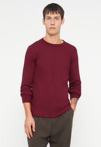 Cămașă burgundă cu mânecă lungă, textură în dungi, cu un guler rotund și mansete înguste, asociată cu pantaloni maro evazați. Textură netedă, croială lejeră.