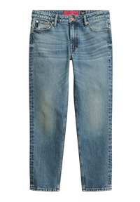 Jeans de mezclilla azul claro con un diseño de pierna recta, cinco bolsillos y un ligero desgastado. La cinturilla incluye un parche de marca y un detalle de botón.