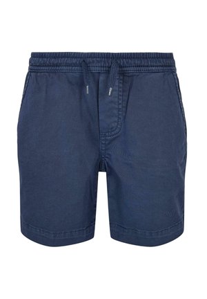 Marineblå bomuldsshorts med elastisk linning og snor, forlommer og en kort kantlængde.