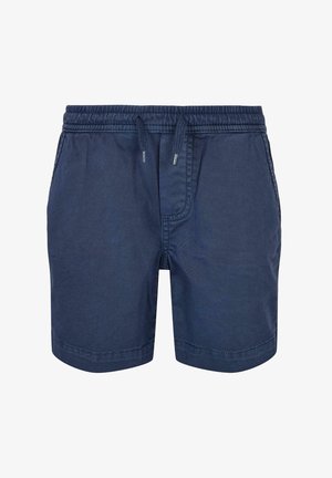 Marineblå bomuldsshorts med elastisk linning og snor, forlommer og en kort kantlængde.