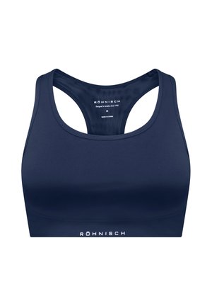 Reggiseno sportivo blu navy con un design elegante, caratterizzato da un ampio schienale a racerback e da un tessuto morbido e elastico. Logo "Röhnisch" stampato sulla parte inferiore.