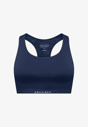 Reggiseno sportivo blu navy con un design elegante, caratterizzato da un ampio schienale a racerback e da un tessuto morbido e elastico. Logo "Röhnisch" stampato sulla parte inferiore.