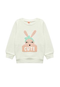Vaaleanvihreä ribbipintainen collegepaita, jossa on teksturoitu pupun muotoilu ja sana "CUTE" pehmeällä vaaleanpunaisella ja valkoisella kirjonnalla. Pyöreä kaula-aukko ja pitkät hihat.