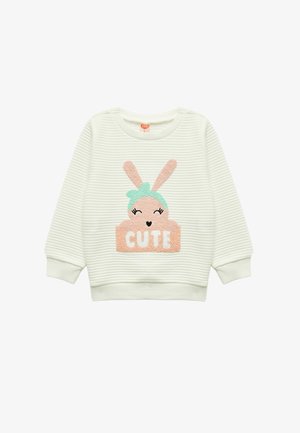 Sweatshirt côtelé vert clair avec un design de lapin texturé et le mot "CUTE" en lettres douces roses et blanches. Encolure ronde et manches longues.
