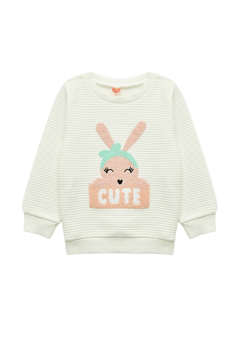 Vaaleanvihreä ribbipintainen collegepaita, jossa on teksturoitu pupun muotoilu ja sana "CUTE" pehmeällä vaaleanpunaisella ja valkoisella kirjonnalla. Pyöreä kaula-aukko ja pitkät hihat.