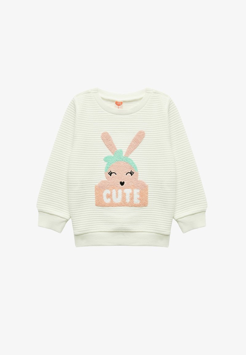 Jasnozielona, prążkowana bluza z dzianiny z teksturowanym wzorem króliczka oraz napisem "CUTE" w delikatnym różowym i białym kolorze. Okrągły dekolt i długie rękawy.