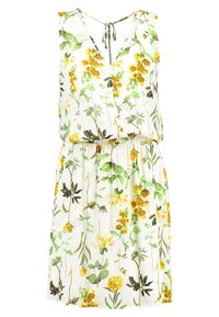 Robe fleurie sur fond blanc, avec des motifs floraux jaunes et verts. Encolure en V avec un détail noué et une taille élastique.