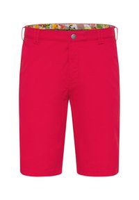 Rode shorts met een gladde textuur en een reguliere pasvorm, voorzien van een kleurrijke, gemêleerde tailleband en een frontale knoopsluiting.