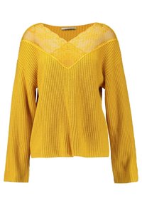 Żółty sweter dziany z dekoltem w kształcie litery V, z prześwitującym koronkowym panelem przy szyi, długimi rękawami i luźnym krojem.
