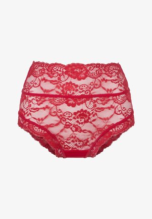 Braguitas de encaje rojo de cintura alta con patrones florales y bordes festoneados, con una construcción transparente y anchas bandas suaves.